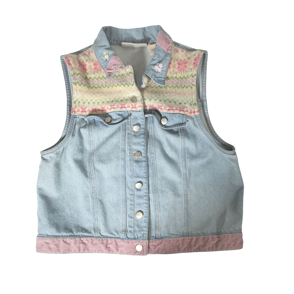 Vintage Susan Bristol Vintage Denim‎ Vest Womens Large Wash Fair Isle Floral
